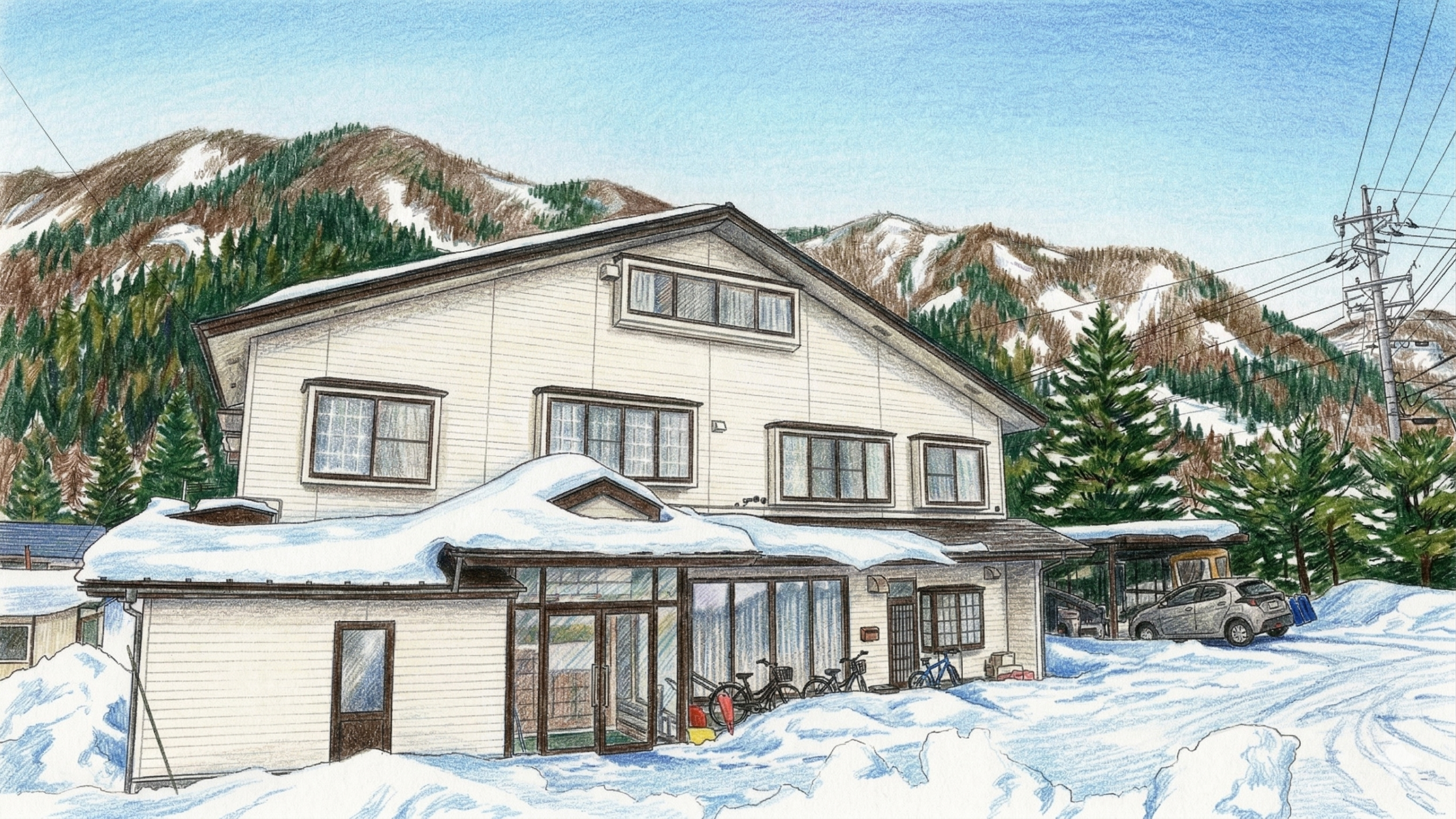 雪の乗鞍高原に建つ温泉ゲストハウスEureka